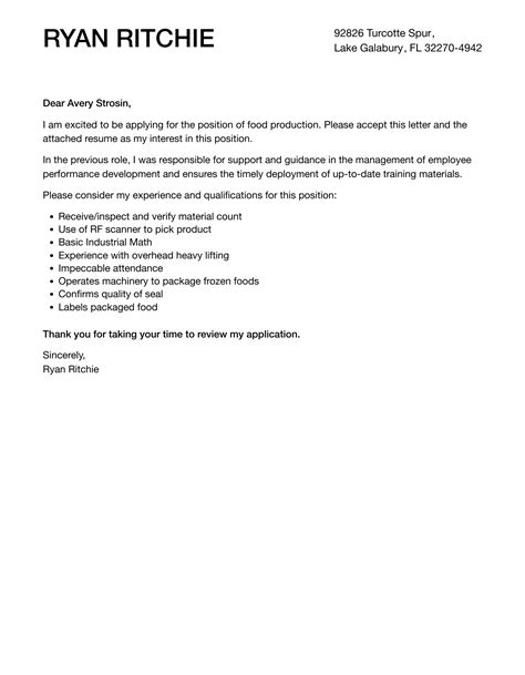 Food Production Cover Letter Velvet Jobs