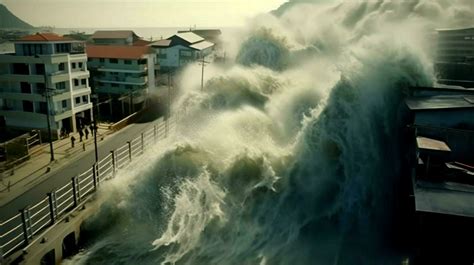 tsunami wave crashes into coastal town flooding 30654632 Stock Photo at ...