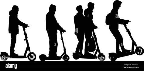 Set Silhouette On A White Background Of A People On Electric Scooter