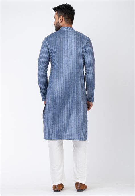 Stripe Printed Cotton Kurta Set In Off White Mfn