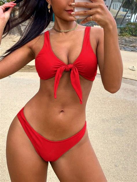 68 OFF 2021 Scrunch Butt Knotted Thong Bikini In RED ZAFUL