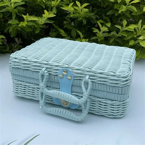 Retro Blue White Rattan Suitcase Portable Woven Gift Box Cosmetic