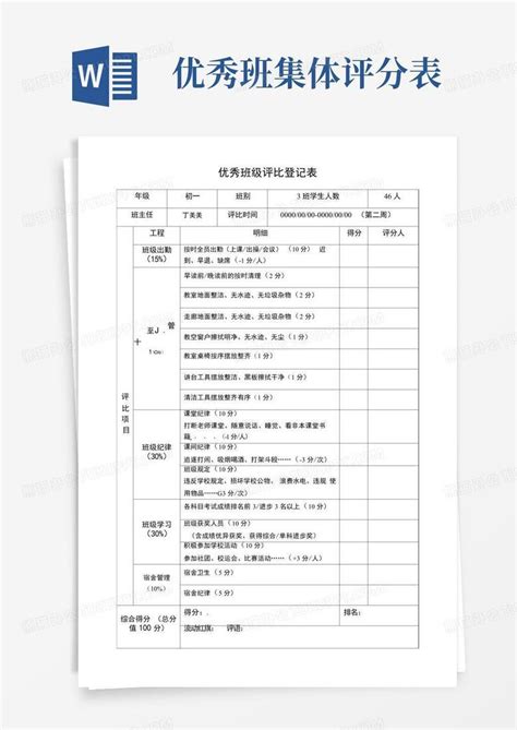 优秀班集体评分表Word模板下载 编号lpyamooy 熊猫办公