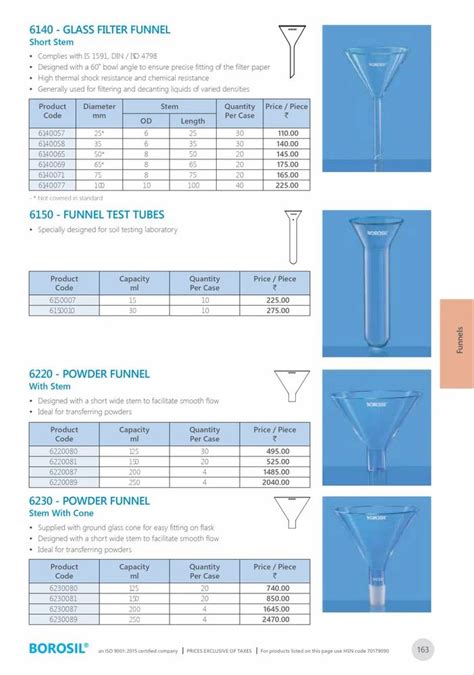 Borosil Glass Powder Funnel For Chemical Laboratory Capacity