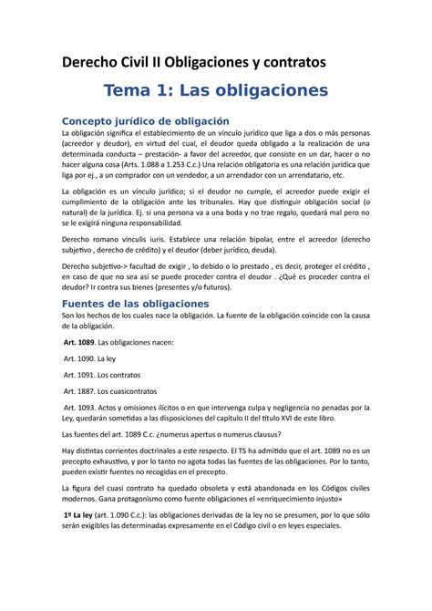 Resumen Derecho Civil Ii Obligaciones Y Contratos Tema 1 Las Obligaciones Concepto Jurídico