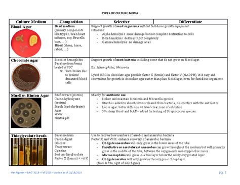 Microbiology Culture Media Chart