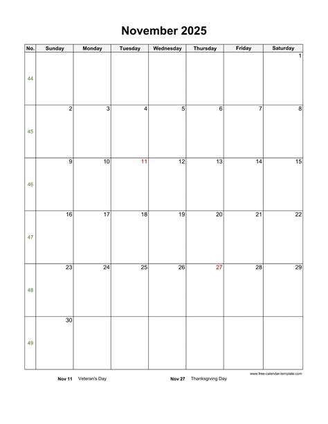 November Calendar Blank Vertical Template Free Calendar