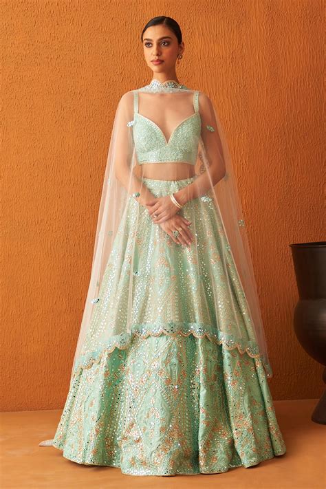 Buy Green Raw Silk Embroidered Mirror Plunge Sweetheart Neck And Threads Lehenga Set For Women