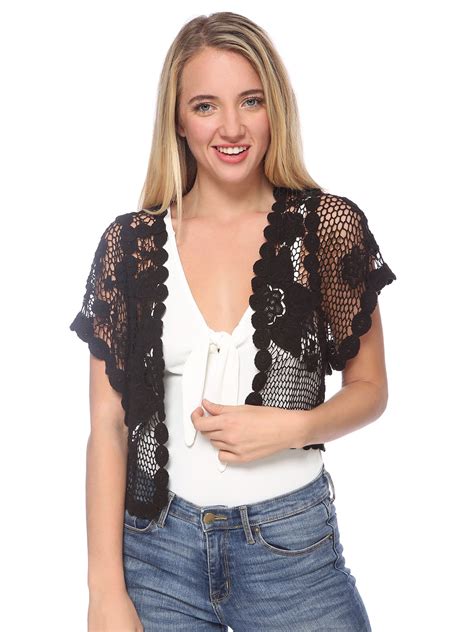 Womens Short Sleeve Floral Lace Crochet Mesh Crop Cardigan Shrug