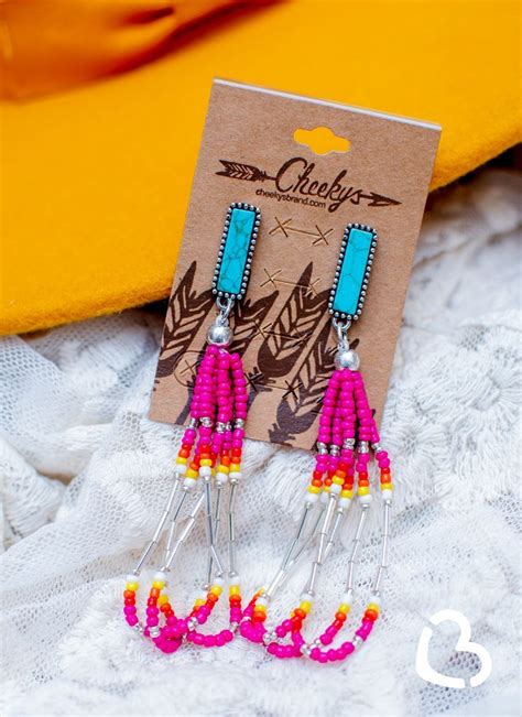 The Monica Turquoise Bar And Pink Seed Bead Tassel Earrings Beaded