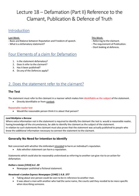 Defamation Part 2 Tort Law Lecture Notes Lecture 18 Defamation