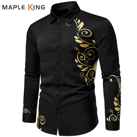 Camisa Masculina Black Floral Shirt For Men Gold Bronzing Designer Long