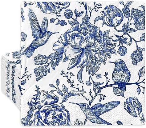 AnyDesign 80Pcs Blue Floral Paper Napkins Vintage Flower Birds Luncheon