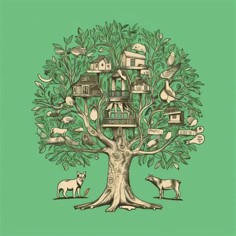 Un Dibujo De Un árbol Con Una Casa En él Foto Premium