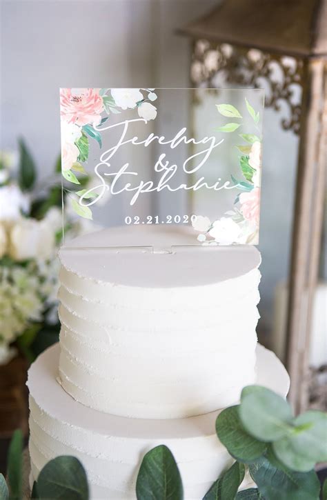 Wedding Cake Topper Clear Acrylic Floral Personalized Cake Etsy