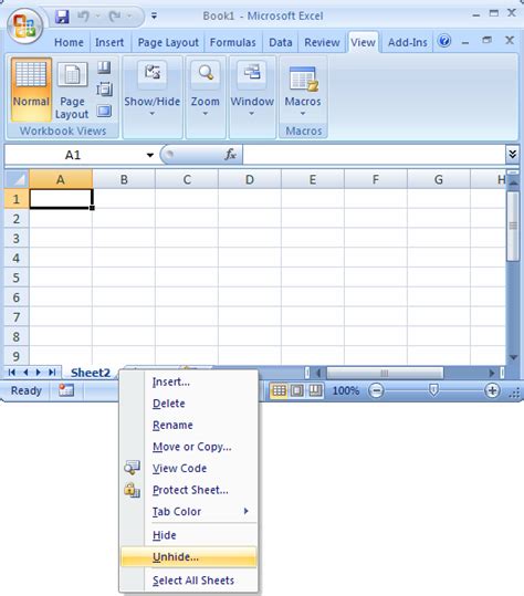 MS Excel 2007: Unhide a sheet