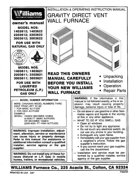 Williams Wall Furnace Installation Instructions