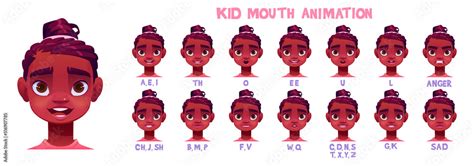 Kid mouth animation sprite sheet. Girl face expression and lips poses ...