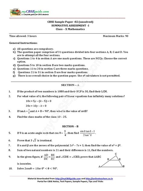 Cbse Sample Paper 02 Unsolved Summative Assessment I Class X Mathematics Pdf