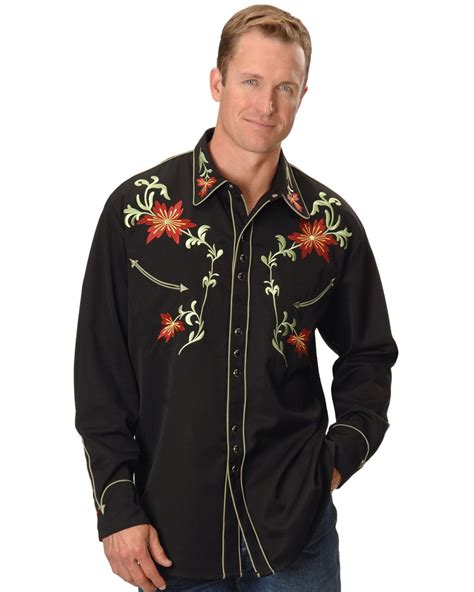 Scully Mens Floral Embroidered Vintage Long Sleeve Snap Western Shirt