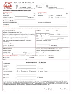 Fillable Online FORM CLAIM INDIVIDUAL INSURANCE Generali Co Id Fax