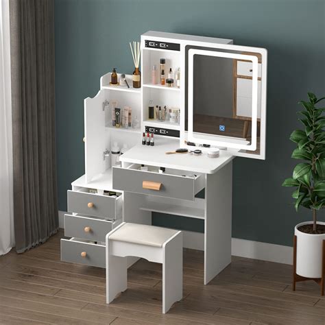 Hitow Makeup Vanity Table Set With Sliding Lighted Mirror Drawers And