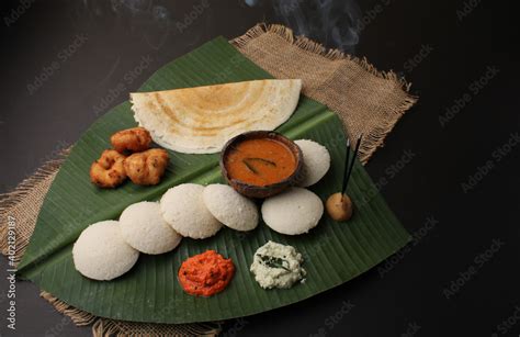 Group Of South Indian Food Like Masala Dosa Idli Wada Or Vada Sambar