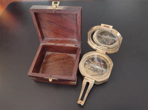 Vintage Natural Sine Brass Case Compass With Wood Storage Box