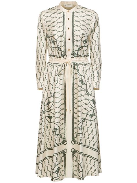 Tory Burch Printed Silk Long Shirt Dress In Green Multi Modesens