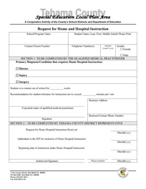 Fillable Online Tehamaschools Home And Hospital Form Tehama County