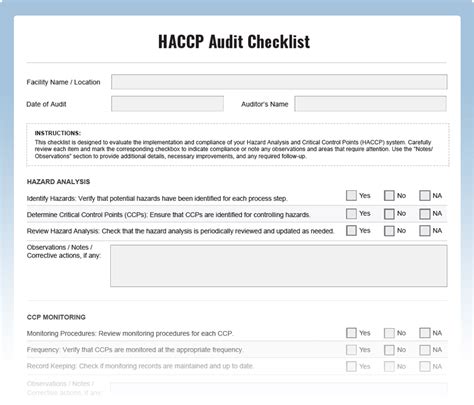 Haccp Audit Checklist Download Free Pdf