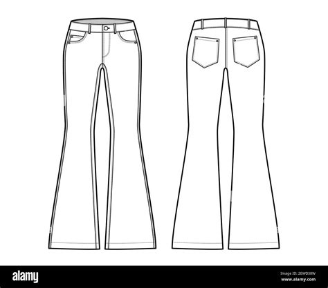 Jeans Flared Bottom Denim Pants Technical Fashion Illustration With Full Length Low Waist Rise