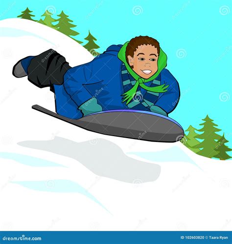 Cartoon Clip Art Children Child Boy Sledding On Hill Winter Scene