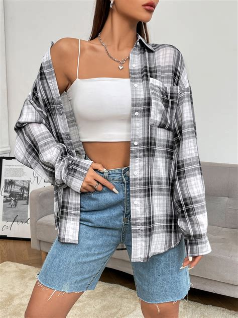 Shein Ezwear Plaid Print Drop Shoulder Shirt Shein Usa