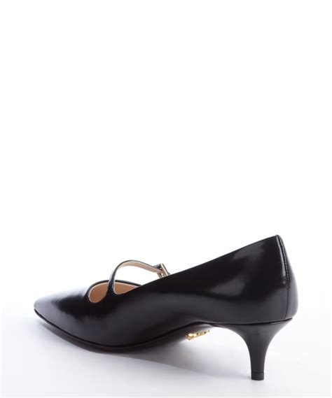 Prada Black Leather Pointed Toe Mary Jane Strap Kitten Heel Pumps In