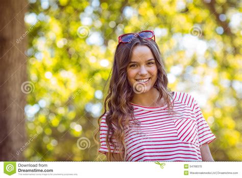 Pretty Brunette Smiling In The Park Stock Photo Image Of Stylish Hipster 54768370