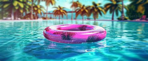 Pink Swimming Pool Ring Float on Blue Water. Summer Background ...