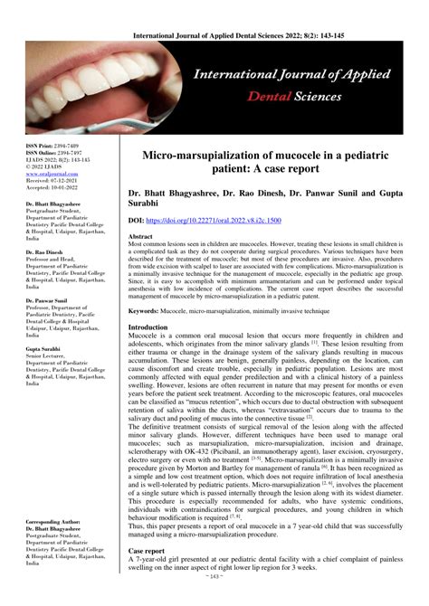 Pdf Micromarsupialization Of Mucocele In A Pediatric Patient A Case