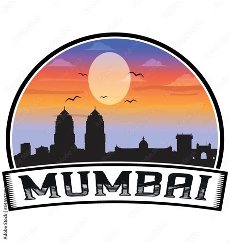 Mumbai India Skyline Sunset Travel Souvenir Sticker Logo Badge Stamp Emblem Coat of Arms Vector ...