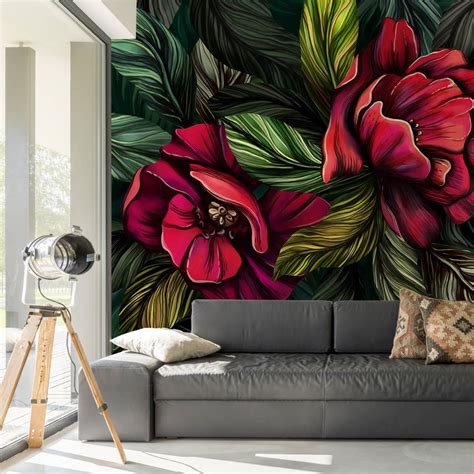 Green And Red Tones Floral Wall Mural