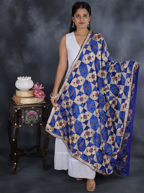 Phulkari Dupatta From Punjab With Geometric Patterns And Zari Border