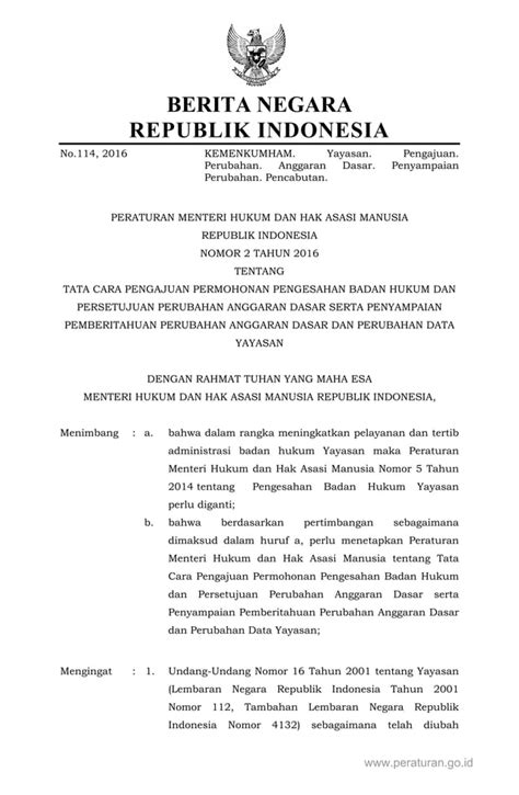 Permenkumham No 2 Tahun 2016 Ttg Tata Cara Pengajuan Permohonan