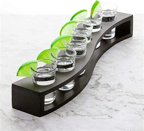 Shot Glass Set of 6 Glasses with Wood Layered Base Tray - 1oz/30ml Cool ...