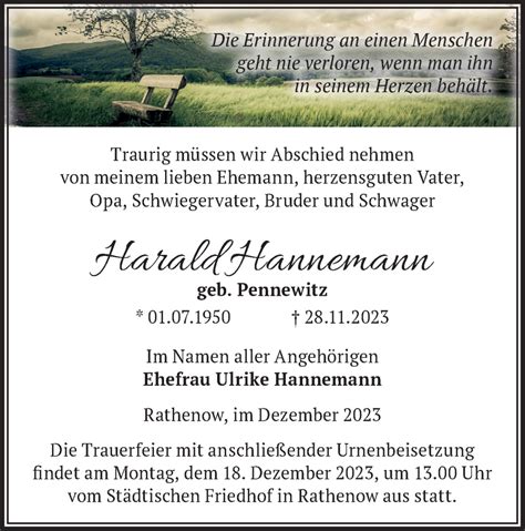 Traueranzeigen von Harald Hannemann Märkische Onlinezeitung Trauerportal