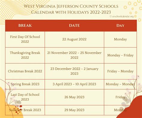 West Virginia Jefferson County Schools Calendar 2022-2023