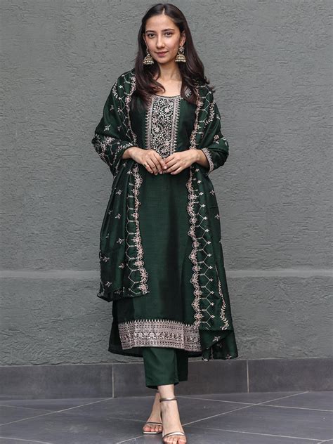 Buy Green Yoke Design Silk Blend Straight Suit With Dupatta Online At