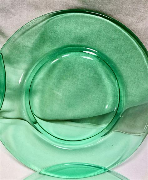 Vintage Midcentury Green Glass Plates Set Of Eight