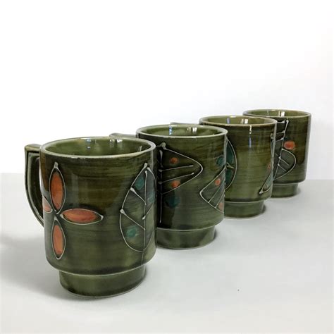 Vintage Otagiri Style Dark Green Ceramic Mugs C S Etsy