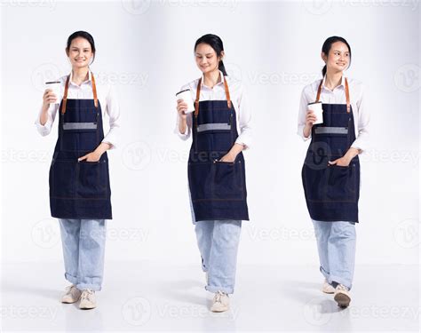 Full length 20s young Mix Race Barista shop restaurant Woman, walking ...