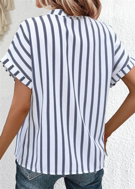 White Button Striped Short Sleeve Split Neck Blouse Usd